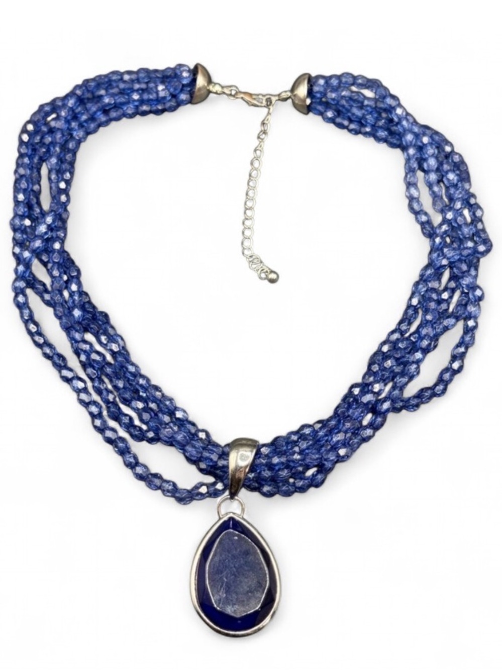 Boho Multi Strand Blue Beaded Faux Gemstone Pendant Choker Necklace, Jewelry
